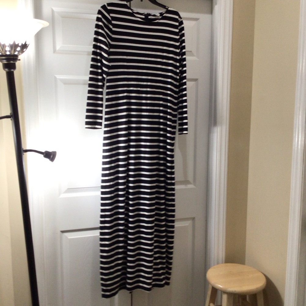 J. Crew Black and White Striped Long-Sleeve Maxi Dress